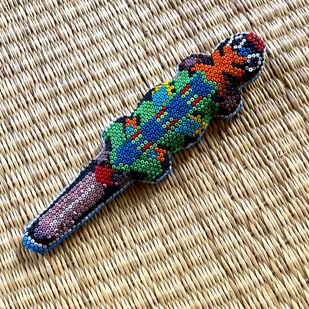 Vintage Folk Art beaded chameleon